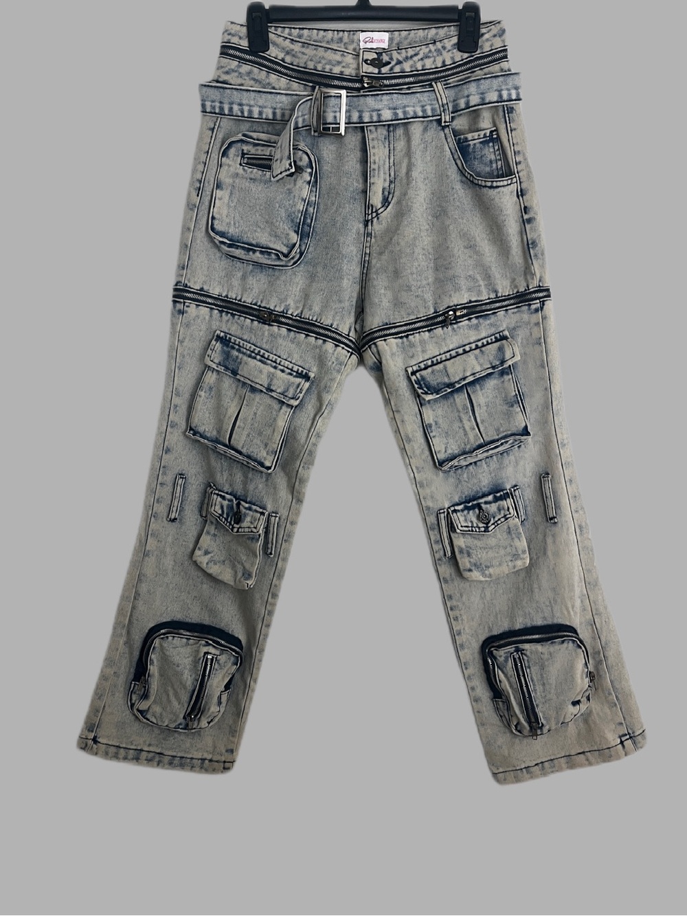 RichXchange Washed Gray Utility Cargo Jeans with Belt Women’s M